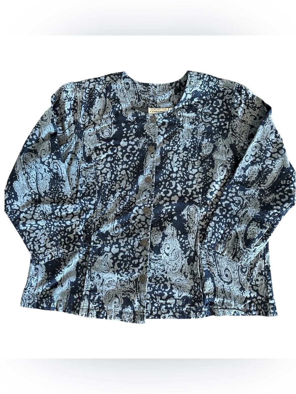 New Directions Navy and Light Blue Patterned Button-Front Jean Jacket